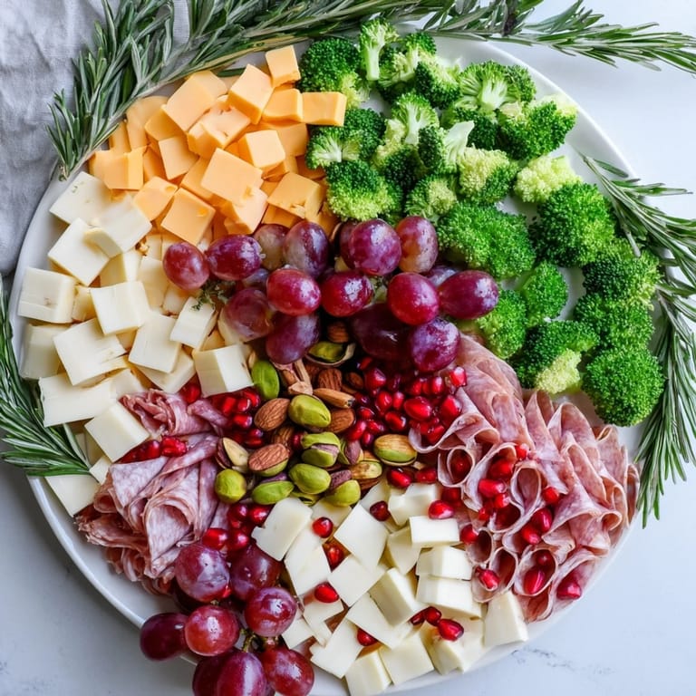 Holiday-ready Evergreen Tree Snack Board overflowing with vibrant cheeses, salami, and fresh green grapes.