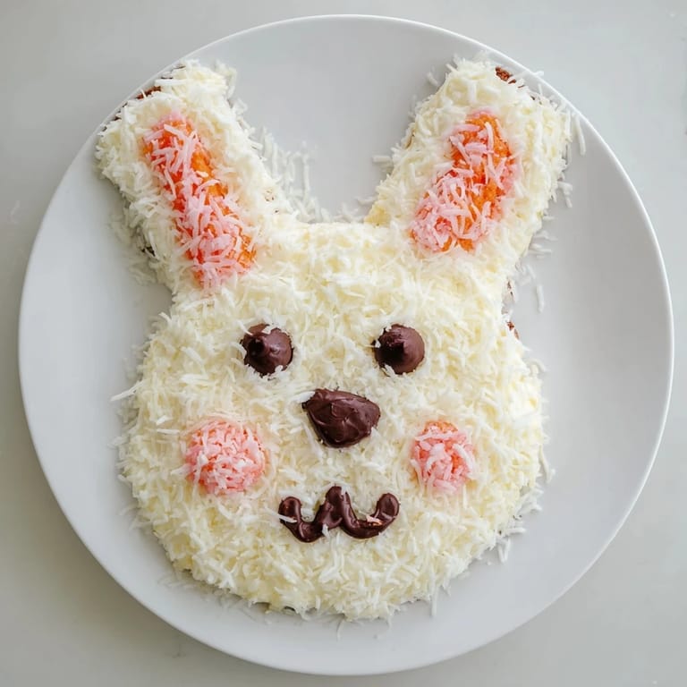 A festive spring bunny carrot cake, frosted with cream cheese, perfect for a spring party.