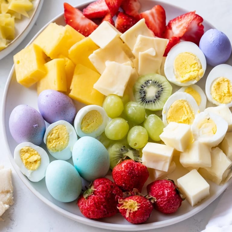 This Easter Egg-cellent Brunch Board showcases hard-boiled eggs, fresh fruit, cheeses and bread for sharing.