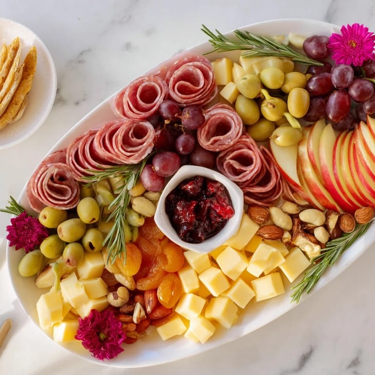 A close-up of the beautiful Holiday Bow Appetizer Platter, overflowing with colorful fresh ingredients and savory flavors.