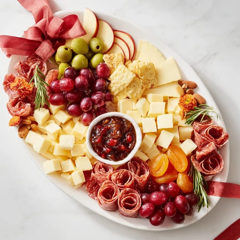 Enjoy the festive presentation of this delicious Holiday Bow Appetizer Platter, perfect for sharing with guests.