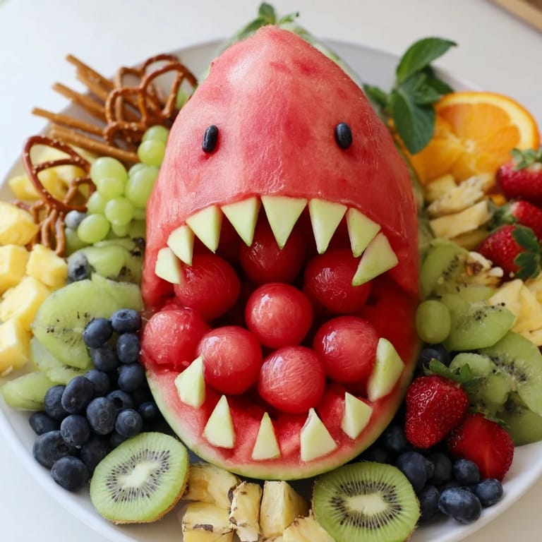 Bright red strawberries and blueberries surround the whimsical Watermelon Wave Shark Snack Board, perfect for summer.