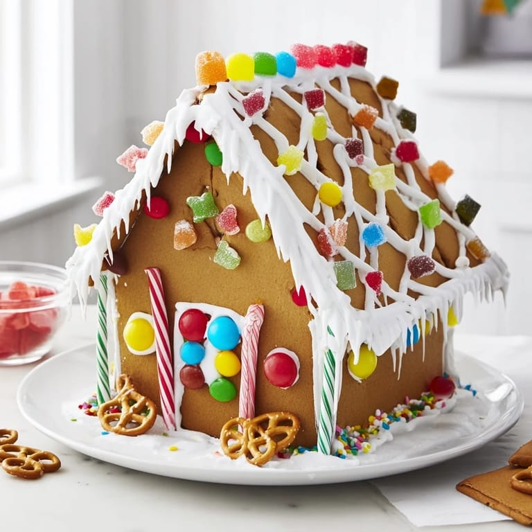 Homemade gingerbread house kit, ready to decorate, includes gingerbread walls, icing, and colorful candies.