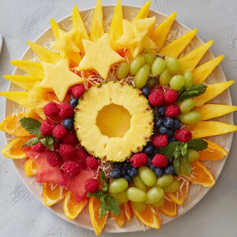 Bright Summer Rays Sun-Shaped Fruit Tray showcases a sunny arrangement of fresh fruits, ready to be enjoyed as a refreshing snack.