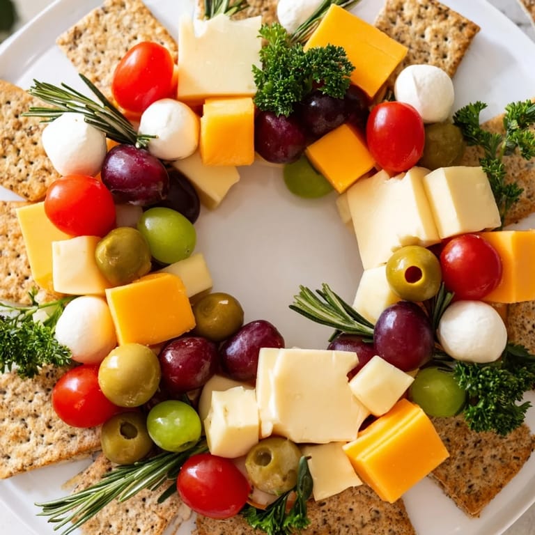 This delicious Jingle Bell Cheese & Cracker Wreath appetizer displays colorful cheeses and crackers, ready to serve and share.