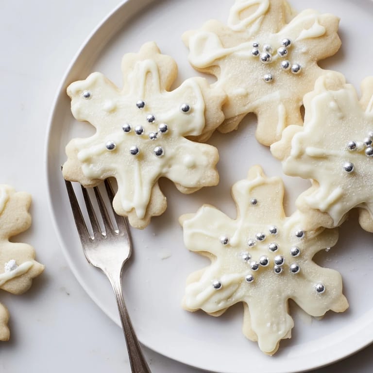 Beautifully arranged Winter Snowflake Platter cookies, drizzled with white chocolate and sparkling sugar, ready to enjoy.