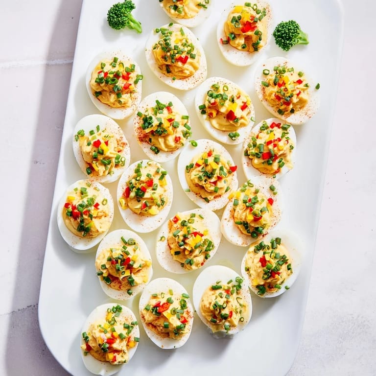 Festive Christmas Tree Deviled Eggs, creamy filling perfectly piped into egg white halves, ready to serve guests.