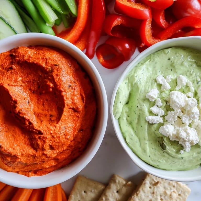 Fresh Festive Dip: Red pepper dip and herbed green goddess dip surrounding crisp vegetables and crackers on a serving board.
