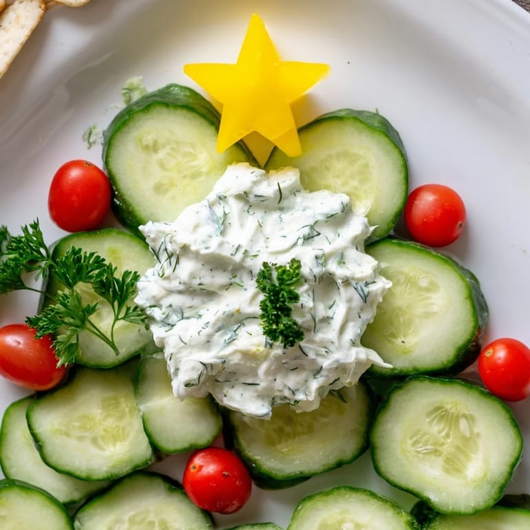 A beautifully arranged Cucumber and tomato tree dip, appealing to a variety of vegetable dippers.