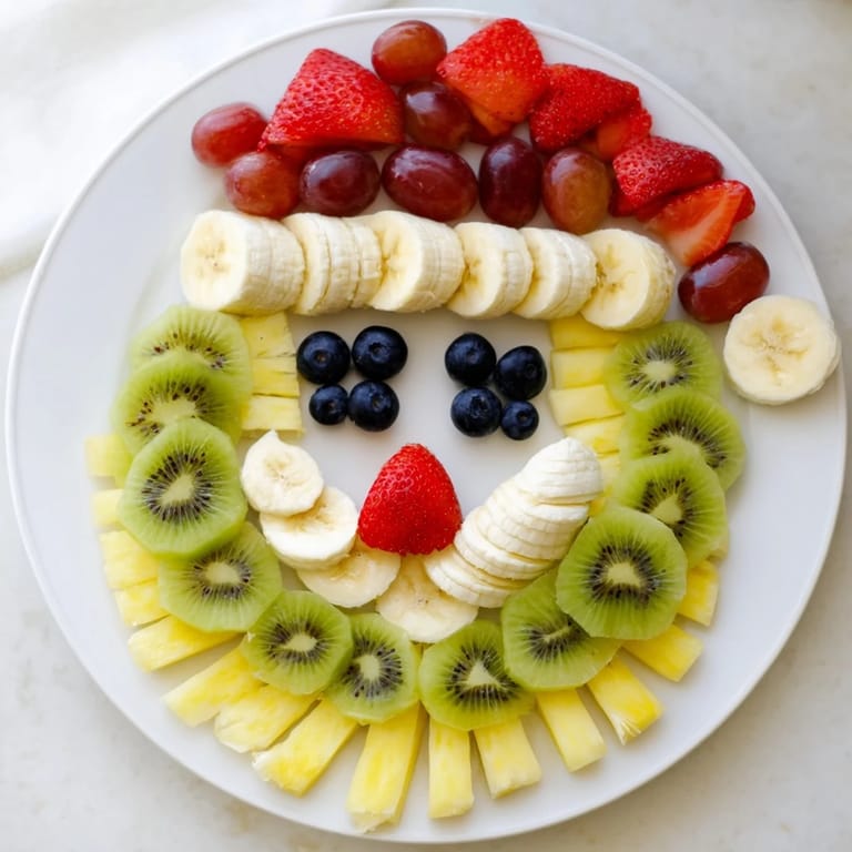 This festive Santa Fruit Platter showcases a pineapple beard, banana face, berries, and kiwi; a delightful holiday treat.