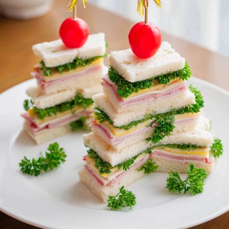 Whimsical Christmas trees formed from mini Ham and Cheese sandwiches, offering a delightful holiday appetizer everyone will enjoy.