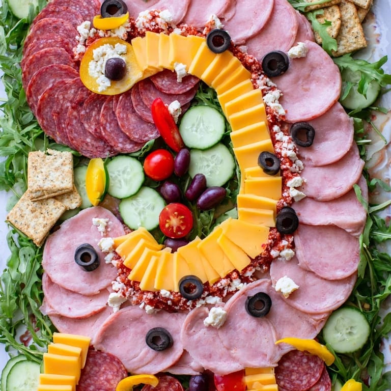 Vibrant Gingerbread Man Savory Charcuterie, a detailed meat and cheese platter and perfect party appetizer.