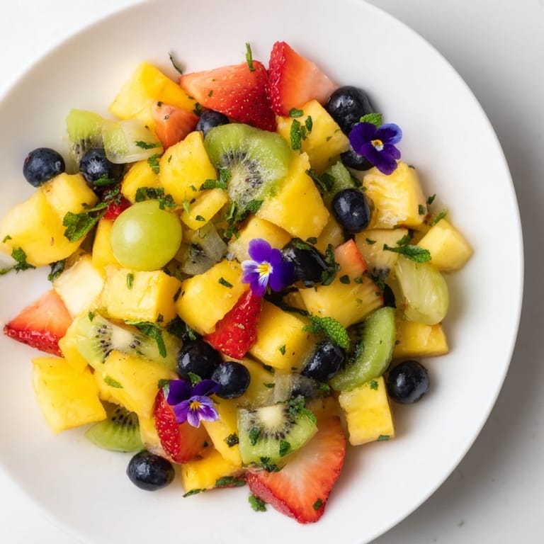 A beautiful bowl of Festive Bow Fruit Medley, drizzled with sweet dressing, garnished with mint.