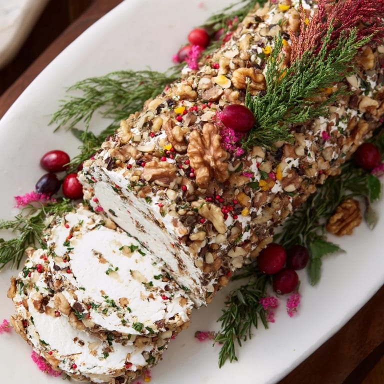 This beautifully decorated Yuletide Log Cheese Centerpiece has creamy cheese, bark texture, and edible winter berries atop.