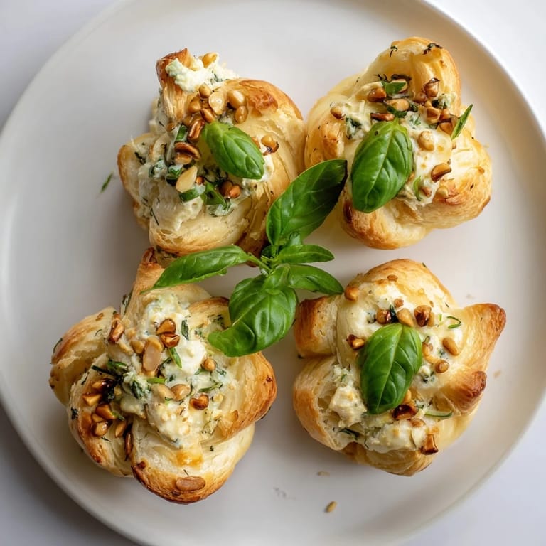Close-up of a savory Poinsettia Puff Pastry Appetizer, filled with creamy cheese and garnished with fresh basil.