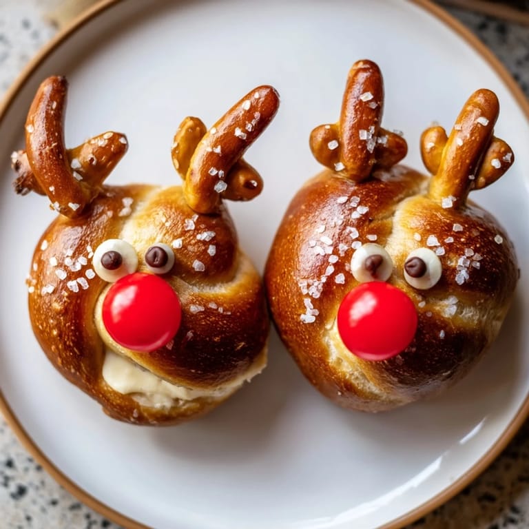 Freshly baked Rudolfs Red Nose Pretzel Bites with a creamy center and pretzel antlers, perfect for a holiday snack.