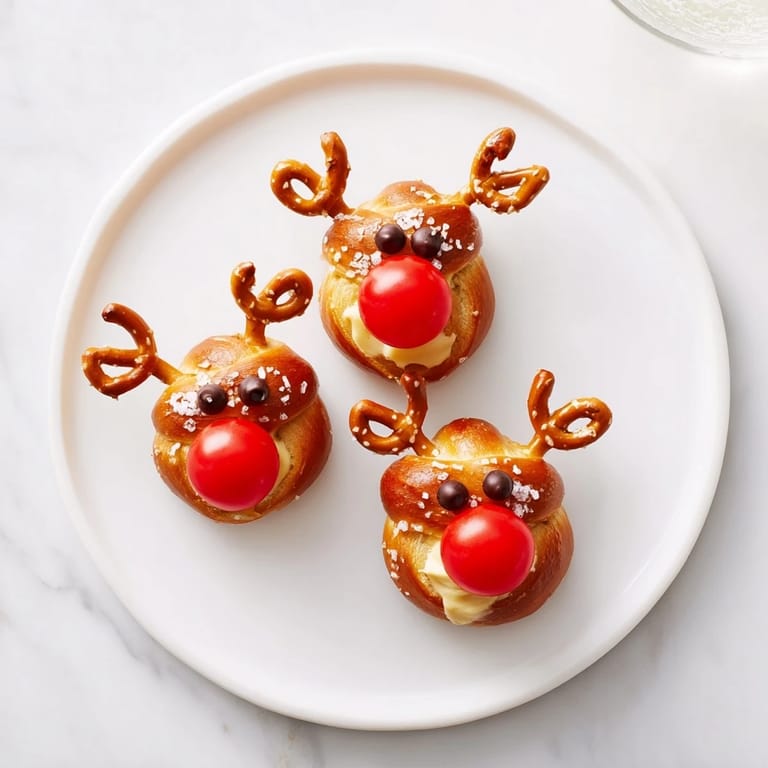 Close-up of adorable Rudolfs Red Nose Pretzel Bites, ready to enjoy with soft, salty pretzel dough.