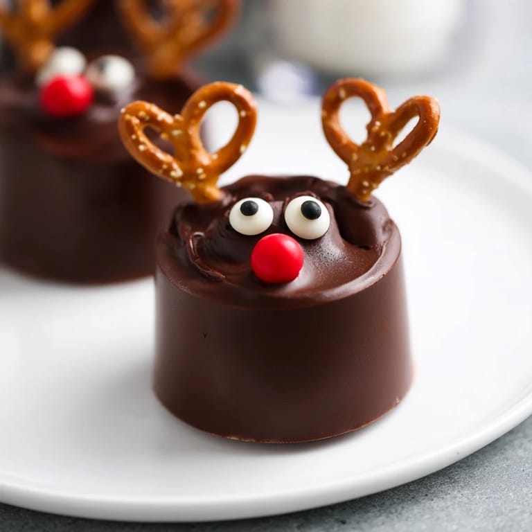 Adorable chocolate pudding reindeer cups alongside cookies and marshmallows create a fun treats board.