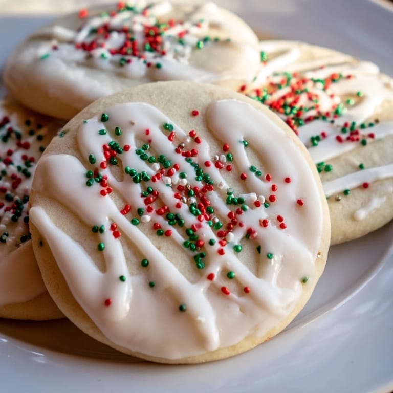 Perfectly round Holiday Cookies with Icing Drizzle, drizzled with sweet icing, ready for a festive celebration.