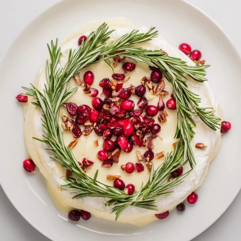 Festive Brie Cheese Wheel with Rosemary Wreath: imagine a soft cheese appetizer adorned with fresh garnishes.