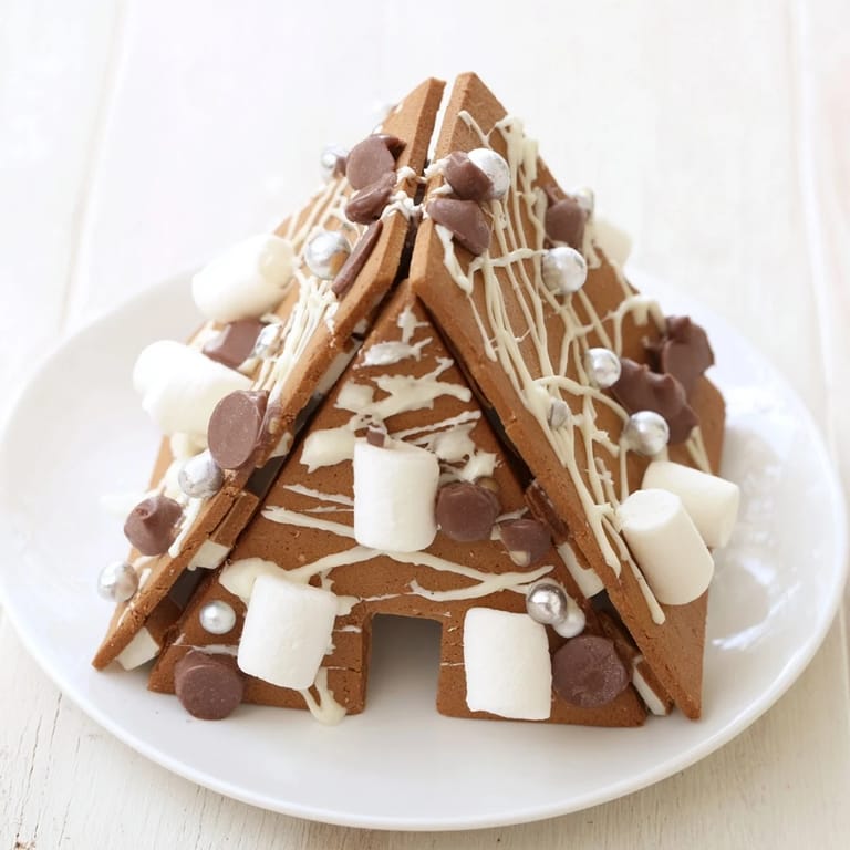 Festive gingerbread house frame, filled with candies, looks ready to serve, a welcoming dessert for the holidays.