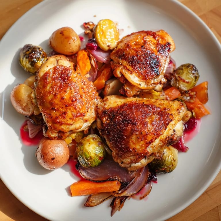 Vibrant photo of sheet pan chicken with cranberry vinaigrette: perfectly roasted chicken thighs amidst caramelized vegetables.