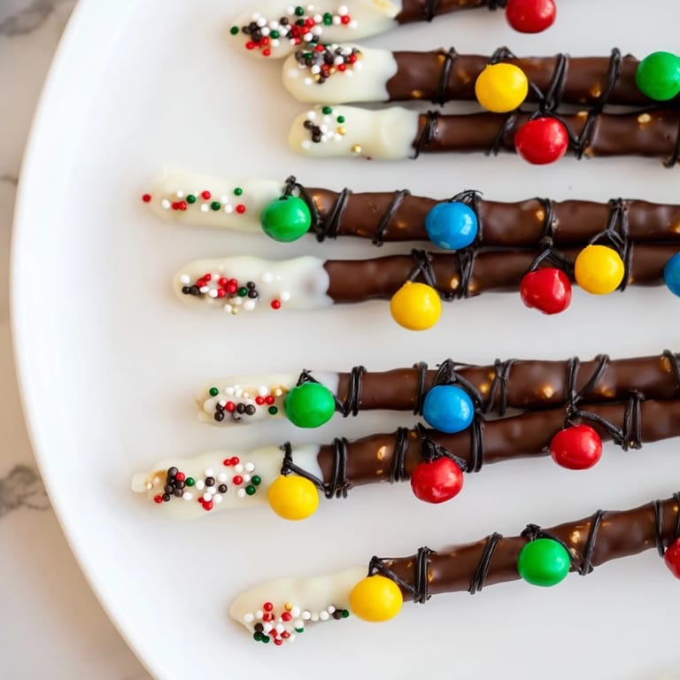 Image shows prepared No-Bake Pretzel Christmas Light Sticks, ready to be enjoyed as a holiday treat.