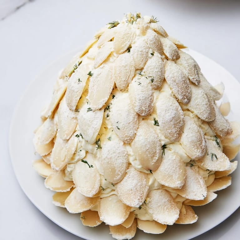 Edible Snowy Pinecone Centerpiece appetizer, showcasing almond shards and surrounded by fresh grapes.