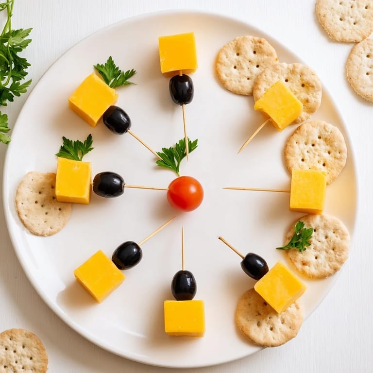 Delicious New Years Clock Countdown party platter arrangement of olives, crackers, and cheeses for a festive gathering.