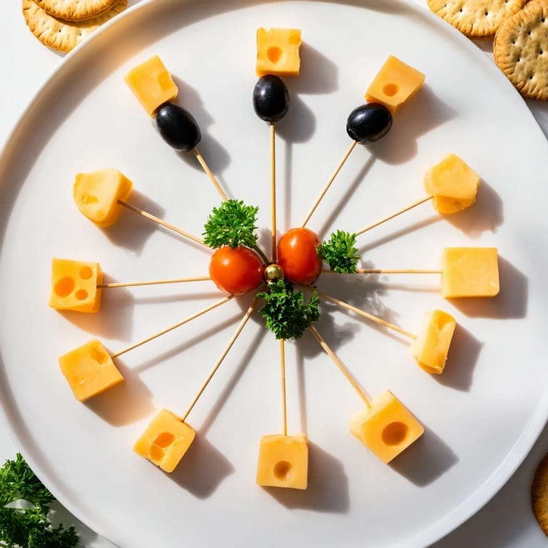Close-up of the fun New Years Clock Countdown appetizer: a delicious clock made with olives, crackers, and cheese.
