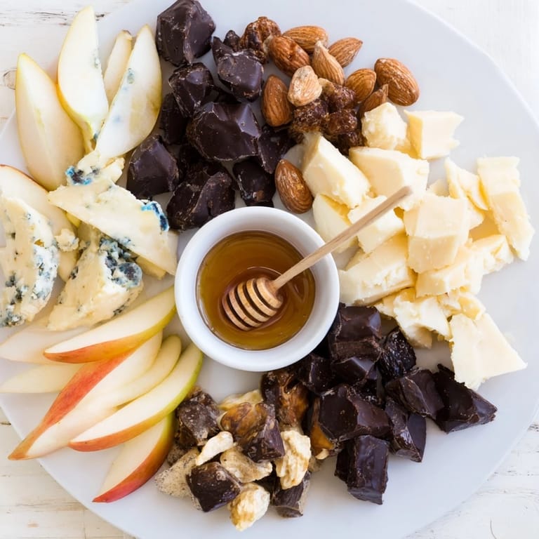 Rustic wedges of cheese and dark chocolate feature in this delightful Fireside Comfort & Cocoa scene.