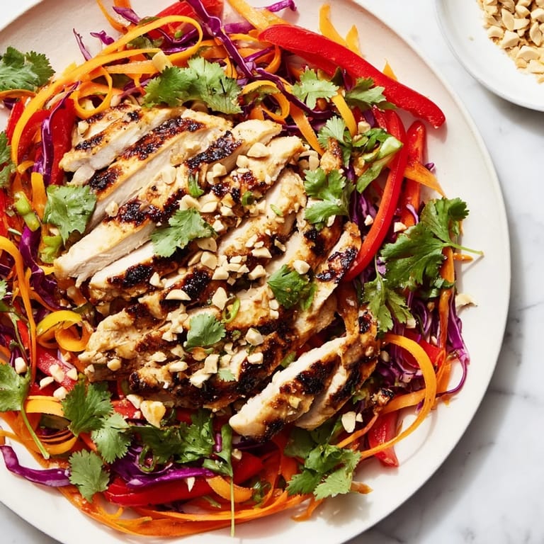 Freshly assembled Carrot Ribbon and Chicken Slaw piled high, perfect for a light and flavorful lunch.