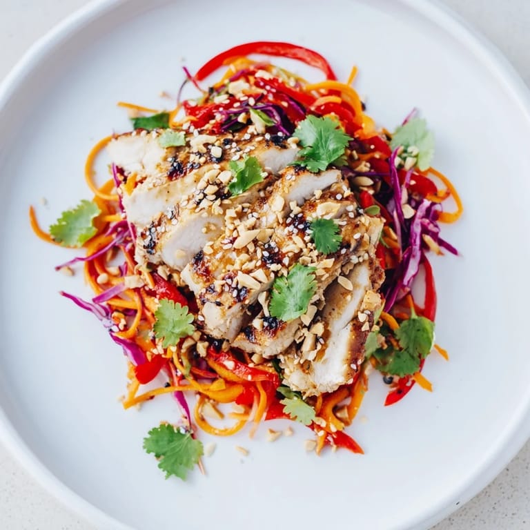 Vibrant Carrot Ribbon and Chicken Slaw with visible chicken slices, topped with sesame seeds, ready to eat.