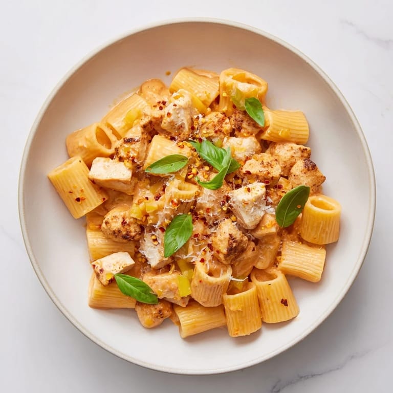 Golden chicken pieces in a rich spicy vodka sauce coats perfectly cooked Spicy Vodka Chicken Pasta.