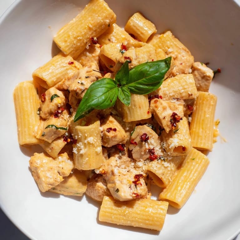 This comforting bowl of Spicy Vodka Chicken Pasta is served with chili crisp, ready to enjoy.