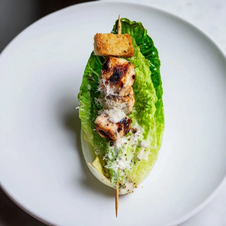 Close-up of Chicken Caesar salad skewers, featuring juicy chicken and crisp romaine lettuce.
