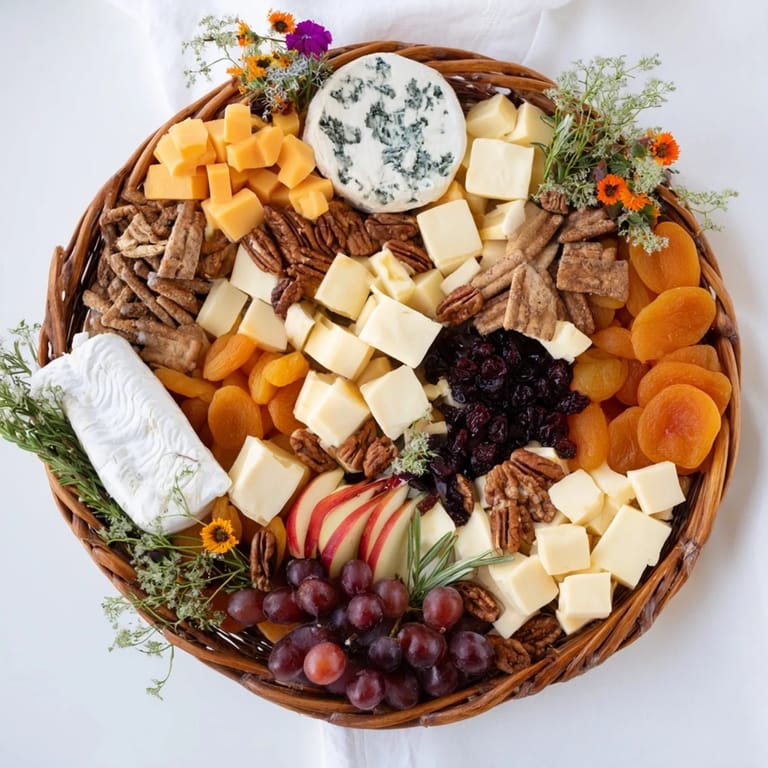 Imagine this Autumn Harvest Horn of Plenty centerpiece: an abundant selection of nuts, fruits, and cheeses for Thanksgiving.