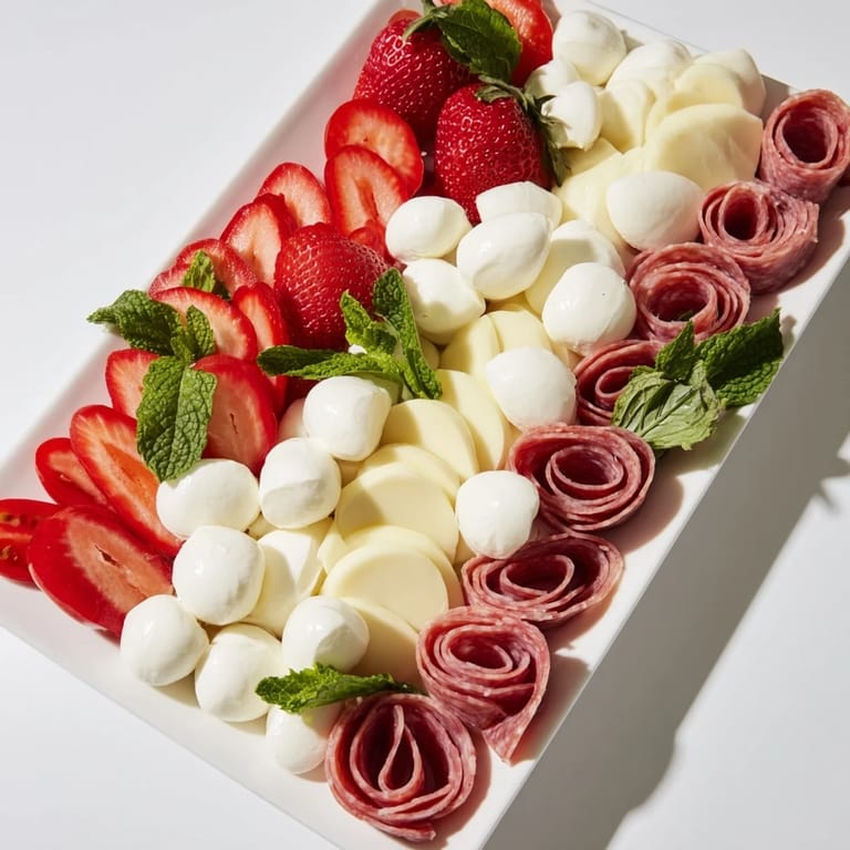 Alternating stripes create a beautiful Peppermint Stripe Celebration platter, complete with salami roses and fresh mint.