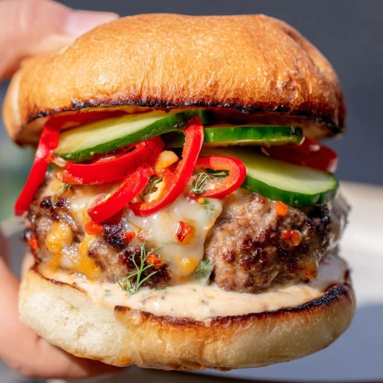 Delectable Fire & Ice Burger, featuring fiery chilis, cooling cucumber, and creamy yogurt dip.