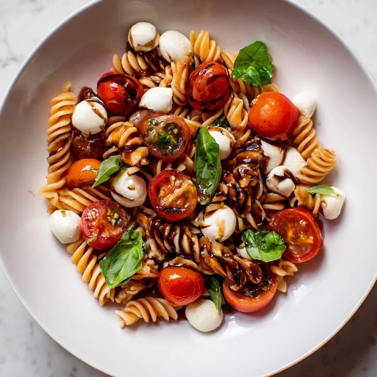 A close-up of Caprese Pasta Salad: perfectly cooked pasta, creamy cheese, and bright red tomatoes.