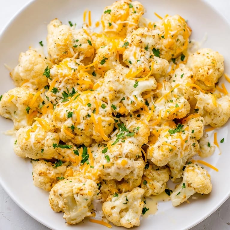 Warm, inviting serving of Cheesy Cauliflower Mac, perfect comfort food, topped with melted cheese and parsley.