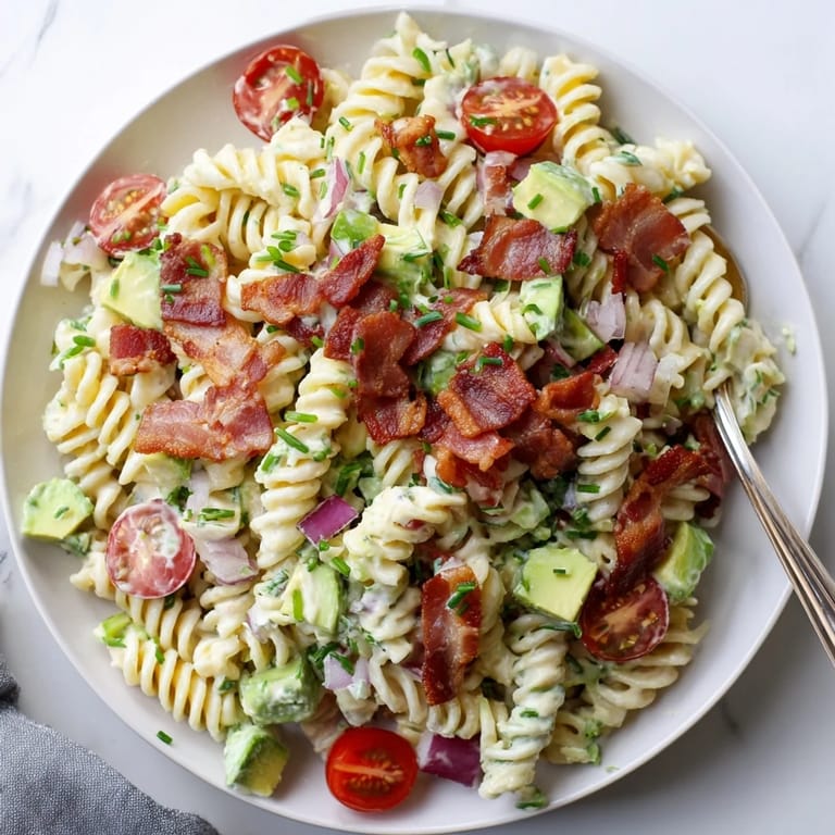 This BLT Pasta Salad showcases colorful cherry tomatoes, crunchy bacon, and a wonderfully creamy dressing.