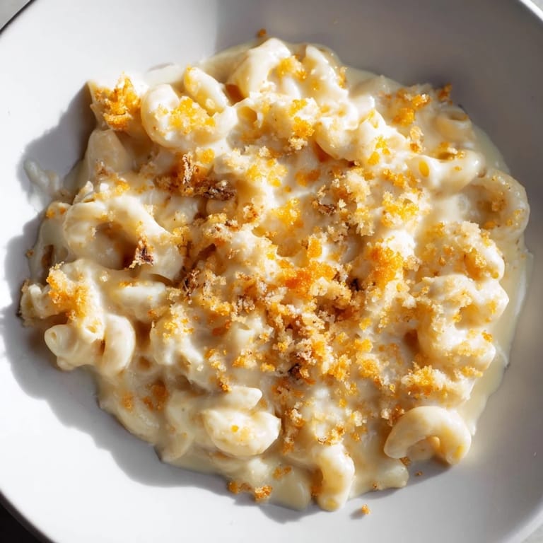 Golden baked mac and cheese with a crispy breadcrumb topping, a true American comfort food.