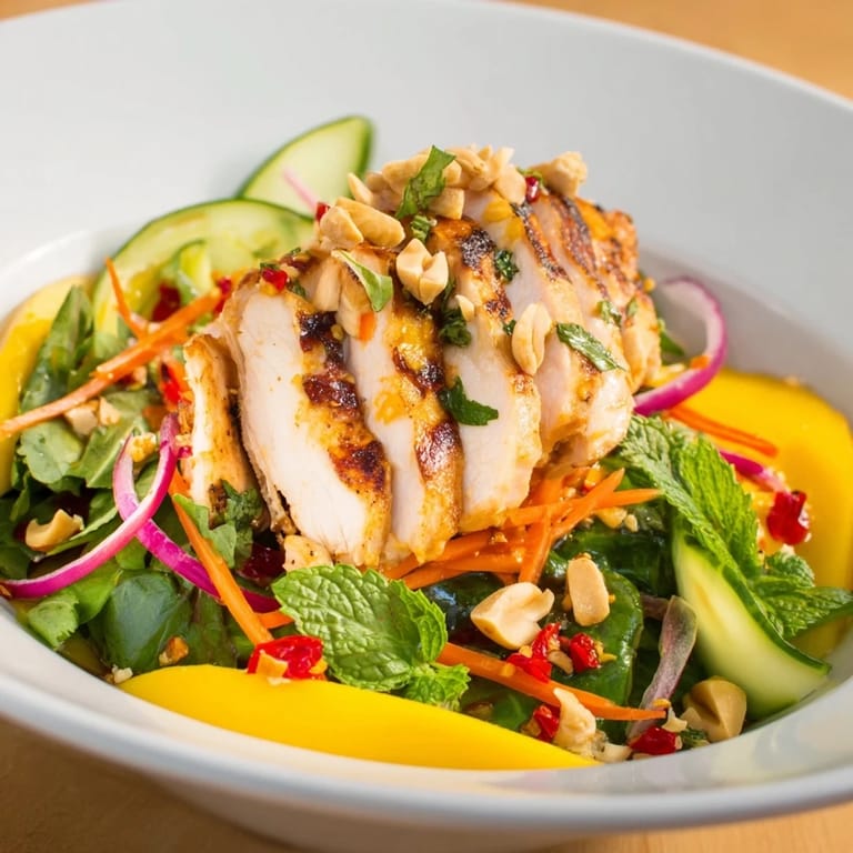 This flavorful Thai Mango Chicken Salad shows off a vibrant mix of fresh ingredients and dressing.