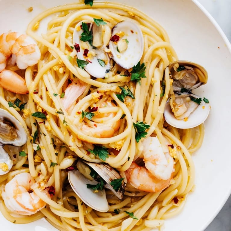 Spaghetti with clams and shrimp in Seafood Pasta Aglio e Olio, ready to serve with lemon.