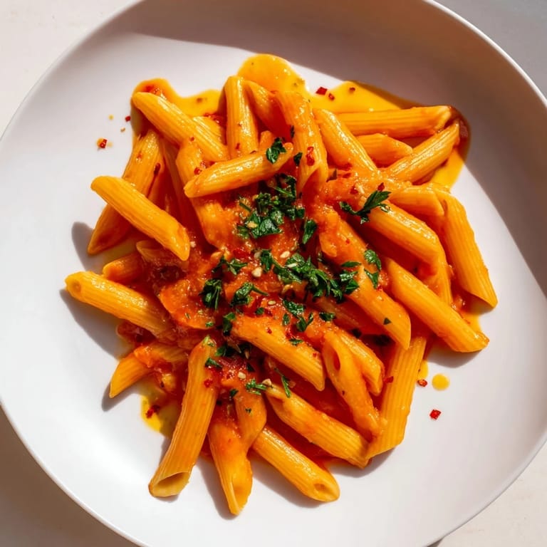 A close-up of perfectly cooked penne all'arrabbiata, showcasing the rich, red tomato sauce and chili flakes.
