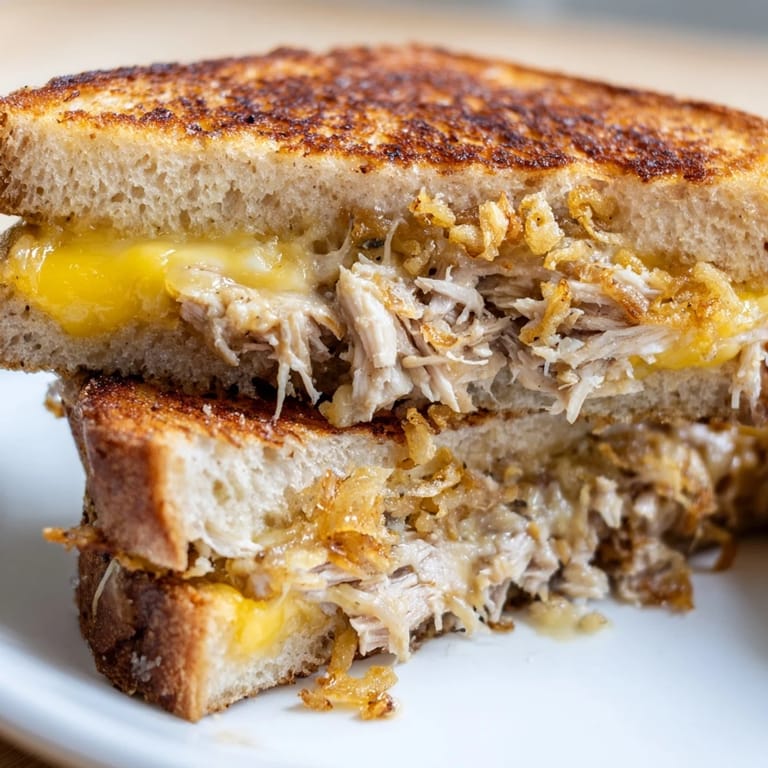 Mouthwatering close-up of a Crispy Shallot Chicken Grilled Cheese, showing a perfectly toasted, cheesy sandwich.