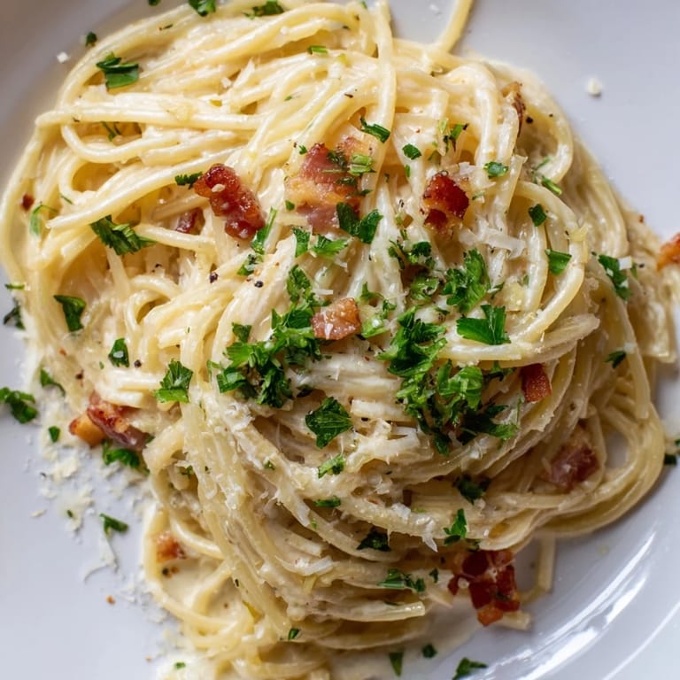 Enjoy a forkful of creamy garlic bacon pasta, a comforting Italian dinner with bacon and Parmesan.