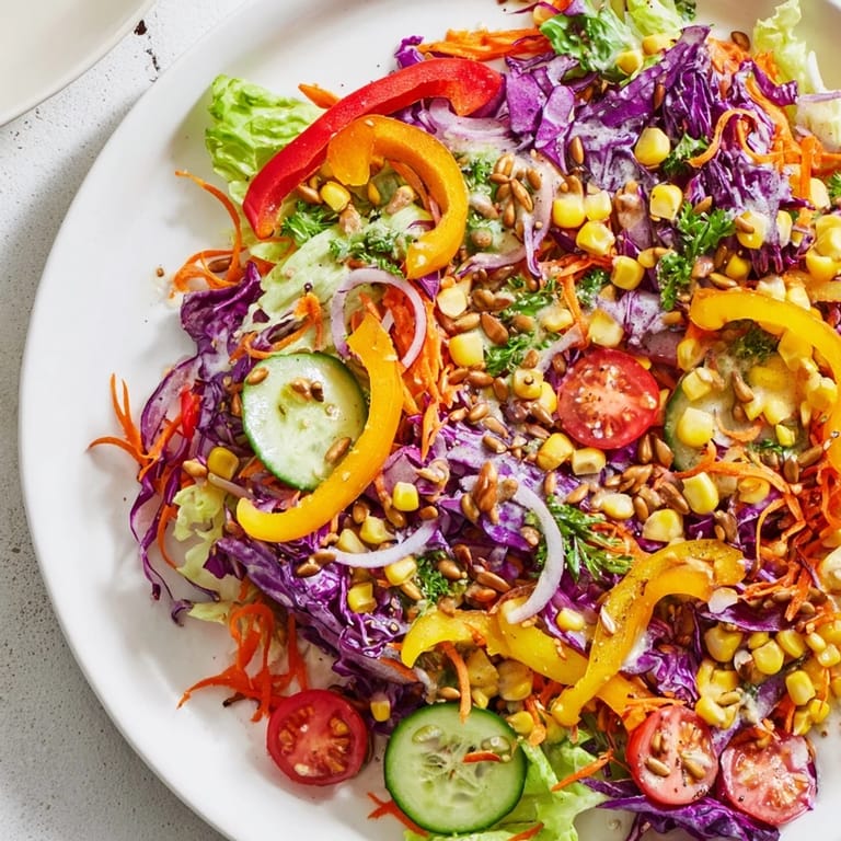 Fresh rainbow salad showcases bright red peppers, crisp carrots, and purple cabbage, ready to be tossed.