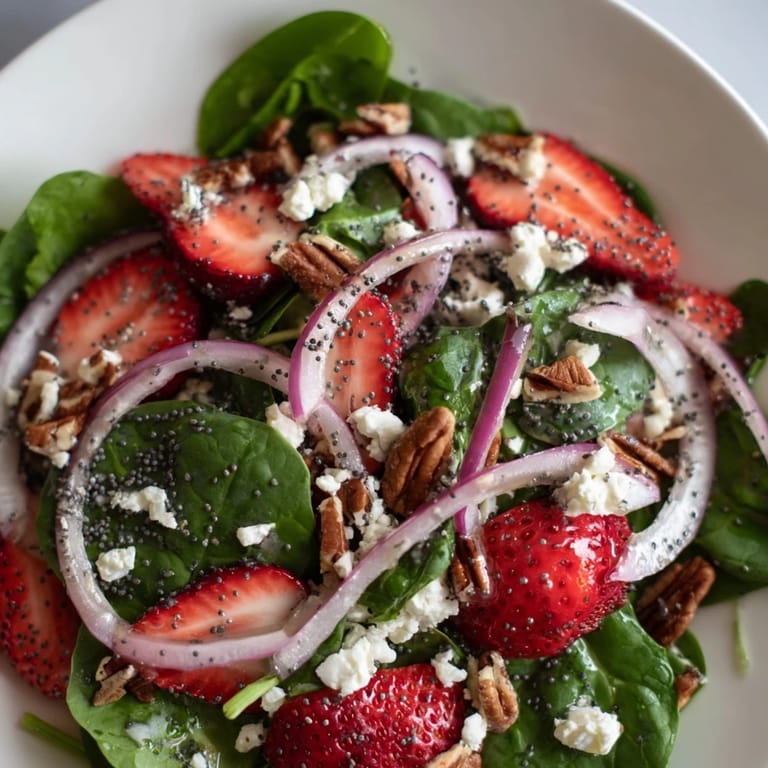 Crisp spinach and sweet strawberries create a delightful Spinach Strawberry Salad with crunchy pecans.